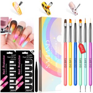 Saviland 6PCS Nail Art Brushes Set & 100pcs Nail Polish Protector for Fingers with Tweezers