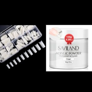 SAVILAND Nail Tips for Acrylic: 10 Size Acrylic Nails French Tips & 5.29OZ Clear Acrylic Powder