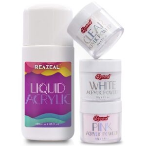 Acrylic Powder and Liquid set> 30g x 3 – Clear & Pink & White Powder> 4 oz Liquid Monomer> Nail Etension Art> Reazeal