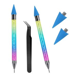 2PCS Wax Nail Rhinestone Picker Dotting Pen，Rhinestone Picker Tool Wax Pencil for Rhinestones Diamond Painting Dotting Pen Dual-Ended Rhinestones Pen with 2 Extra Wax Tips and 1 Nail Art Tweezer
