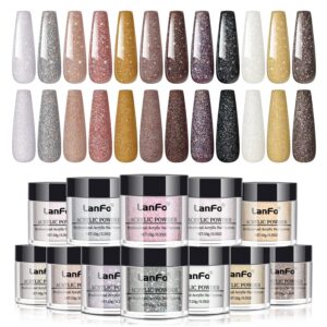 LanFo 12 Colors Acrylic Powder Set Glitter Acrylic Nail Powder Set Black Brown Glitter Nail Acrylic Powder for Extension Carving No Nail Lamp Needed