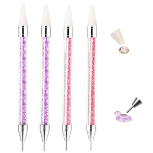 4 Pcs Rhinestone Picker Tool Nail Art Pen Dotting for DIY Decoration, Dual-ended Wax Pencil Nail Gem Picker (Pink Purple)