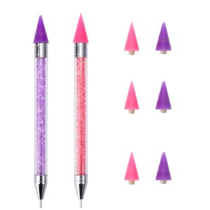 Rhinestone Picker Tool,2 Pcs Dual-Ended Wax Pen with 6 Replacement Wax Tips for Nail Art Decoration (Pink+Lilac)
