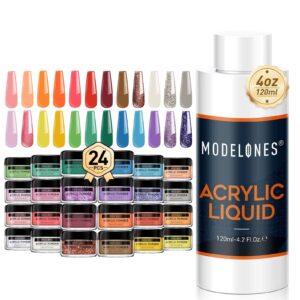 Modelones 24 Colors Acrylic Powder Set＆ 4oz/120ml Monomer Acrylic Nail Liquid – Acrylic Powder Acrylic Nail Art Nail Extension> Medium Drying> Non-Yellow