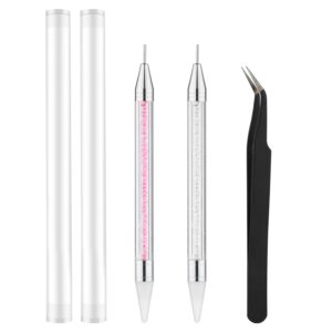 2pcs Rhinestone Picker Tool, Including 1 Tweezers Double-Ended Wax Pencil for Rhinestones Wax Nail Rhinestone Picker Dotting Pen for Nail Design DIY Decoration (White, Pink)