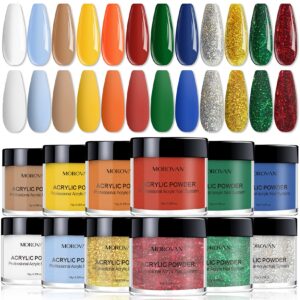 Morovan Acrylic Powder Set – 12 Colors Acrylic Nail Powder Pure Color and Glitter Professional Polymer Colored Acrylic Nail Powder