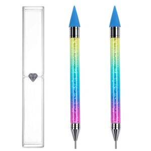 BOMOQING 2Pcs Wax Nail Rhinestone Picker Dotting Pen,Dual-ended Wax Pencil For Rhinestones Wax Tip Gradient Handle With Crystal Beads Manicure Nail Art DIY Decoration Tool