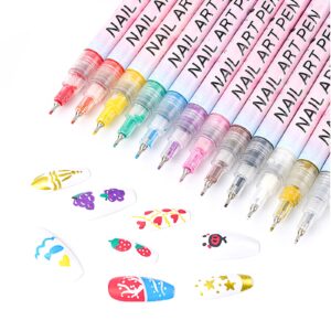 Hinourisha12pcs 3D Nail Art Pens Set>Acrylic Nail Paint Pens Kit>Fine Tip Nail Varnish Pens for Real Nail Nail Art Graffiti Pen Quick-drying Waterproof Nail Point Line Art Pen for Nail DIY