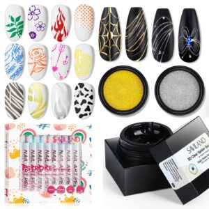 SAVILAND Nail Art Kit: 12 Colors 0.5MM Quick Dry Nail Polish Pens for Nail Art with 5g Clear 3D Spider Gel Polish and Metallic Silver Gold Chrome Nail Powder for Easy 3D Design Home Manicure DIY