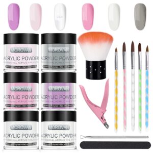 Morovan Acrylic Nail Powder for Starter – 6 Colors Acrylic Nail Kit for 3D Nail Art Decoration – White Pink Clear Acrylic Powder System Easy Use for French DIY Nail Extension with Manicure Tools