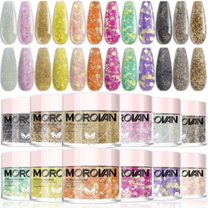 Morovan Acrylic Powder Set – 12 Colors Glitter Nail Powders Golden Black Silver Professional Polymer Colored Nail Powder for Acrylic Nail Extension Carving