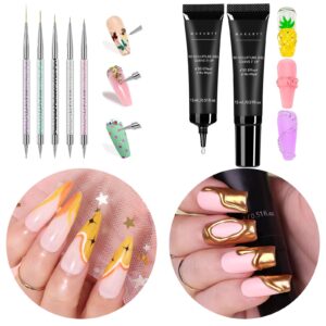Makartt 5pcs Double-Ended Nail Art Brushes Set with Nail Rhinestone Glue Bundle, 5/7/9/11/20mm Nail Design Brushes 2 Pcs 15g DIY Craving Gel, No wipe 3D Molding Gel