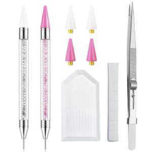 LIGHT RAIN Rhinestone Picker Tool – 2 Pcs Dual-head Pen with 4 Wax Tip, and Precision Jewelry Tweezers Kit for Pick Up Nail Art Gems, Stone, Crystals, White and Pink