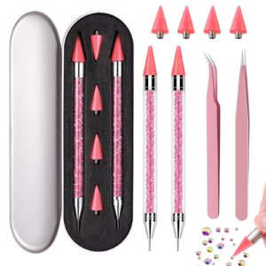 Qiyuda Rhinestone Picker Tool Set, Dual Ended Wax Pen Jewel Gem Applicator Tool With 4 Extra Pink Replaceable Wax Head and 2 Tweezer (Pink)