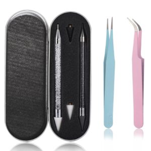 OIFEN Rhinestone Picker Tool,2 Pcs Dual-Ended Wax Pencil for Rhinestones for Nail Art Decoration,with 2 Extra Wax Tips and 2 Tweezers (Black+White)