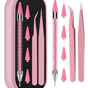 Rhinestone Picker Tool Set,Rhinestone Applicator Tool,Rhinestone Picker Dotting With 4 Extra Pink Replaceable Wax Head and 2 Tweezer (Pink A)