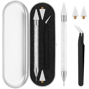 Tatuo Rhinestone Picker Tool Set Wax Pen for Rhinestones Diamond Art Painting Dual Head Dotting Pen with 2 Extra Wax Tips and 1 Nail Art Tweezer for Nail Art DIY Crafts(White)