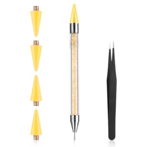 Prasacco Rhinestone Picker Tool, Rhinestones Applicator Tools Rhinestone Picker Dotting Wax Pen Nail Art Tool with 4 Orange Replaceable Wax Head and 1 Tweezer for DIY Nail Art Tool