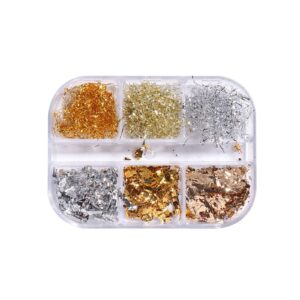 Generic 1 Boxes 6 Grids Nail Art Supplies Nail Art Foil Flakes Aluminum Foil Flake Metallic Gold Silver Nail Paillette Holographic Nail Foil Glitters 3D Nail Confetti for DIY Nail Art Decorations