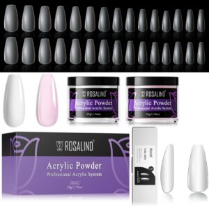 ROSALIND 300PCS Full Matte Medium Coffin Nail Tips whith Pink Opal Acrylic Powder Set for Women