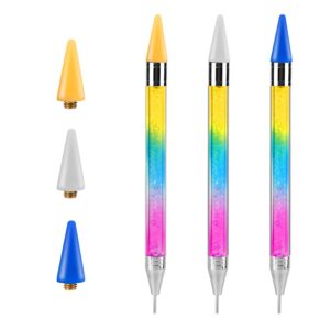 3pcs Wax Pencil for Rhinestones, Double Head Rhinestone Picker Tool with 3 Wax Tips Self Adhesive Rhinestone Applicator Tool Dotting Tools for Nail DIY Crafts (Blue, Yellow, White)