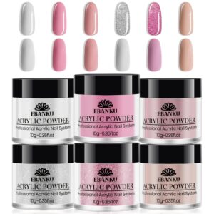 EBANKU Pink Acrylic Powder Set> 6 Colors Crystal Professional White Red Glitter Acrylic Nail Powder for Nail Acrylic Extension> Nail Carving> Long-Lasting> No Nail Lamp Needed