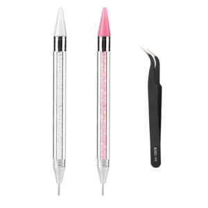 Nail Rhinestone Picker Crafts Tool, 2pcs Nail Wax Dotting Pen with Tweezers Dual End Rhinestone Pen Applicator Tool for Picking up Beads Quickly (Pink, White)
