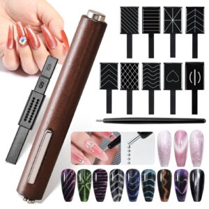 U-Shinein Nail Magnet Tool Set>12 Pieces Cat Eye Gel Nail Magnet Tool Set>3 in 1 Multi-functional Powerful Attractive Nail Magnets Lines Flowers Plate Cat Eye Multiple Artistic Nail Designs