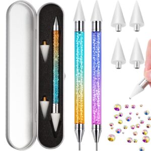Tatuo 2 Pieces Nail Rhinestone Picker Dual Ended Wax Pen for Rhinestones Dotting Gems Crystals Studs Picker Crystal Beads Handle Manicure Nail Art DIY Making Tool(Light Gradient Color)