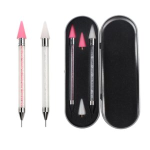 ZXUY Dual Ended Nail Rhinestones Picker Dotting Tools with 2 Extra Wax Head Nail Art Design Dotting Pen,DIY Nail Art Decoration Wax Tip Pencil for Gems Crystals Studs Beads (Pink+White)