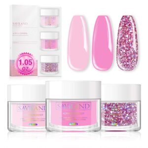 Saviland Acrylic Powder Set – Acrylic Nail Powder 3 Color Glitter Pink Professional Polymer Powder System for Nail Extension and Decoration 3D Manicure at Home Salon