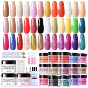 Bundle – NICOLE DIARY Acrylic Powder Kit – 3 Colors Acrylic Powder Pink/White/Clear> Include Liquid Monomer> Nail Tips> Brushes> Glue> Glass Cup