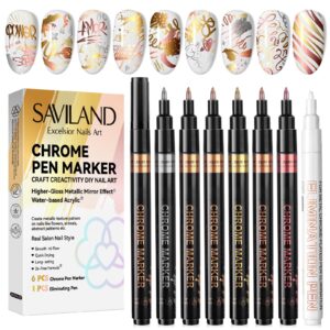 SAVILAND 7PCS Nail Art Pens Set: Quick Dry Metallic Chrome Nail Polish Pens Graffiti Nail Art Markers & Nail Elimination Pen>Nail Point Dotting Tools Liner Nail Paint Pen for Nail Art Design Home DIY