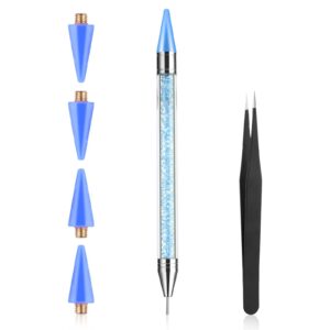 Prasacco Rhinestone Picker Tool, Rhinestones Applicator Tools Rhinestone Picker Dotting Wax Pen Nail Art Tool with 4 Blue Replaceable Wax Head and 1 Tweezer for DIY Nail Art Tool