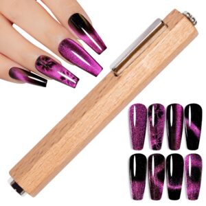 YTD Likomey 3 in 1 Multi-functional Cat Eye Nail Magnet Stick,Hexagonal Shape High Force Cylindrical Wooden Handle Versatile Pen Magnet Tool for Cat’s Eye Gel Polish,Nails Art Salon DIY at Home