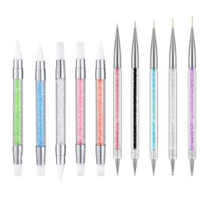 FULINJOY 5PCS Dual Tipped Nail Art Sculpture Pen & 5PCS Nail Dotting Pens with Liner Brushes