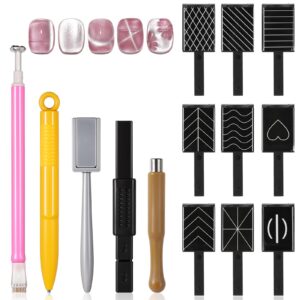 Andibro 14Pcs Nail Magnet Tool Set Double-Head Flower Design Nail Magnet Pens Magnet Stick 3D Magnetic Cat Eye Gel Polish Nail Art for UV Gel Line Strip Multi-Function Magnet Board DIY Nail Art Tool