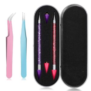 OIFEN Rhinestone Picker Tool ,2 Pcs Dual-Ended Wax Pencil for Rhinestones for Nail Art Decoration ,with 2 Extra Wax Tips and 2 Tweezers (Pink+lilac)
