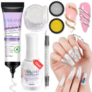 SAVILAND 3D Nail Gel and Chrome Powder Kit: 15g No Wipe Clear 3D Sculpting Gel for Nail Art with Metallic White Pearl Chrome Nail Powders> No-wipe Top Gel & Nail Art Sculpture Pen for Gel Polish DIY