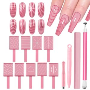 JERCLITY 13 Pieces Pink Series Cat Eye Magnet for Nails Double-Ended Hexagon Strong Nail Magnet Stick for Nail Art Flower Cat Eye Magnetic Pen Line Stripe Magnetic for Cat Eye Gel Polish Nail Art