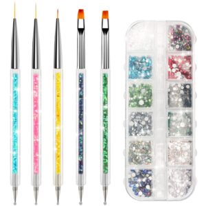 Nail brush Rhinestones set 12 Colors AB crystal rhinestones for nails,5PCS Double-Ended fine liner acrylic nail brush Nail Art Design Brush Upgraded Point Drill Drawing Brush Pen Dotting Tools Set