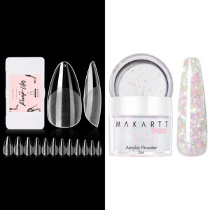Makartt Glitter Acrylic Nail Powder> 2oz Mixed Sparkly Pink Yellow Star Acrylic Powder Bundle with Makartt 504Pcs Soft Gel Full Cover Tips> Almond Stiletto False Nail Tips Press on Nails
