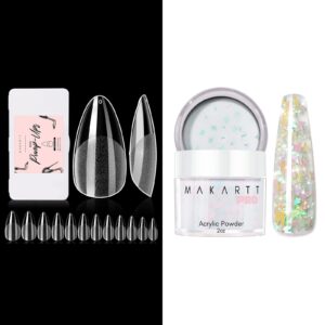 Makartt Glitter Acrylic Nail Powder> 2oz Mixed Yellow Green Butterfly Sparkly Acrylic Powder Bundle with Makartt 504Pcs Soft Gel Full Cover Tips> Almond Stiletto False Nail Tips Press on Nails