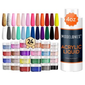 Modelones 24 Colors Acrylic Powder＆ 4oz/120ml Monomer Acrylic Nail Liquid – Acrylic Powder Acrylic Nail Art Nail Extension> Medium Drying> Non-Yellow
