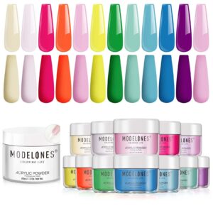Modelones 2oz Clear & 12 Colors Acrylic Powder> Spring Summer Colors Nail Acrylic Powder Pink Blue Neon Acrylic Nail Powders for French Nail Art 3D Manicure Gift Beginner> No Nail Lamp Needed