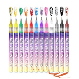 Hinourisha Nail Art Pen Set ,12 Colors water-based Nail Art Graffiti Pen Nail Art Tools>Waterproof Quick Dry Nail Polish Pen>Acrylic Marker Pen Fine Tip Nail Point Graffiti Pens for Real Nail Art