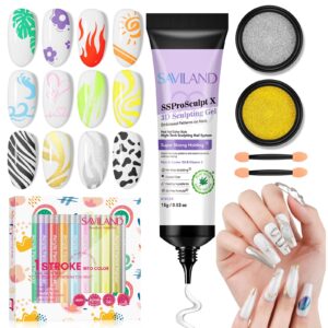 Saviland 3D Gel Nail Kit: 12 Colors Nail Polish Pens for Nail Art with Professional 3D Gel Nail Art Set for Sculpting>Decoration>and Manicure