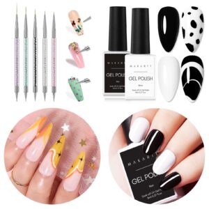 Makartt Double-Ended Nail Art Brushes Set with Gel Nail Polish Bundle, 5PCS Nail Design Brushes Dotting Pen Multifunctional Nail Design Tools Kit, Soak Off Nail Gel Polish LED Required UV Gel Polish