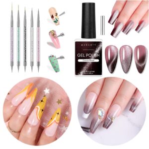 Makartt Double-Ended Nail Art Brushes Set with Cat Eye Gel Nail Polish Bundle, 5/7/9/11/20mm Nail Liner Brush and Nail Dotting Pens, 10ML Reflective Glitter Gel Polish