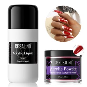 ROSALIND Red Acrylic Nail Powder 50g/1.76oz Acrylic Red Powder with Acrylic Liquid> Professional Crystal Polymer Red Nail Powder Acrylic Nail Caving> Dry Naturally No Nail Lamp Needed